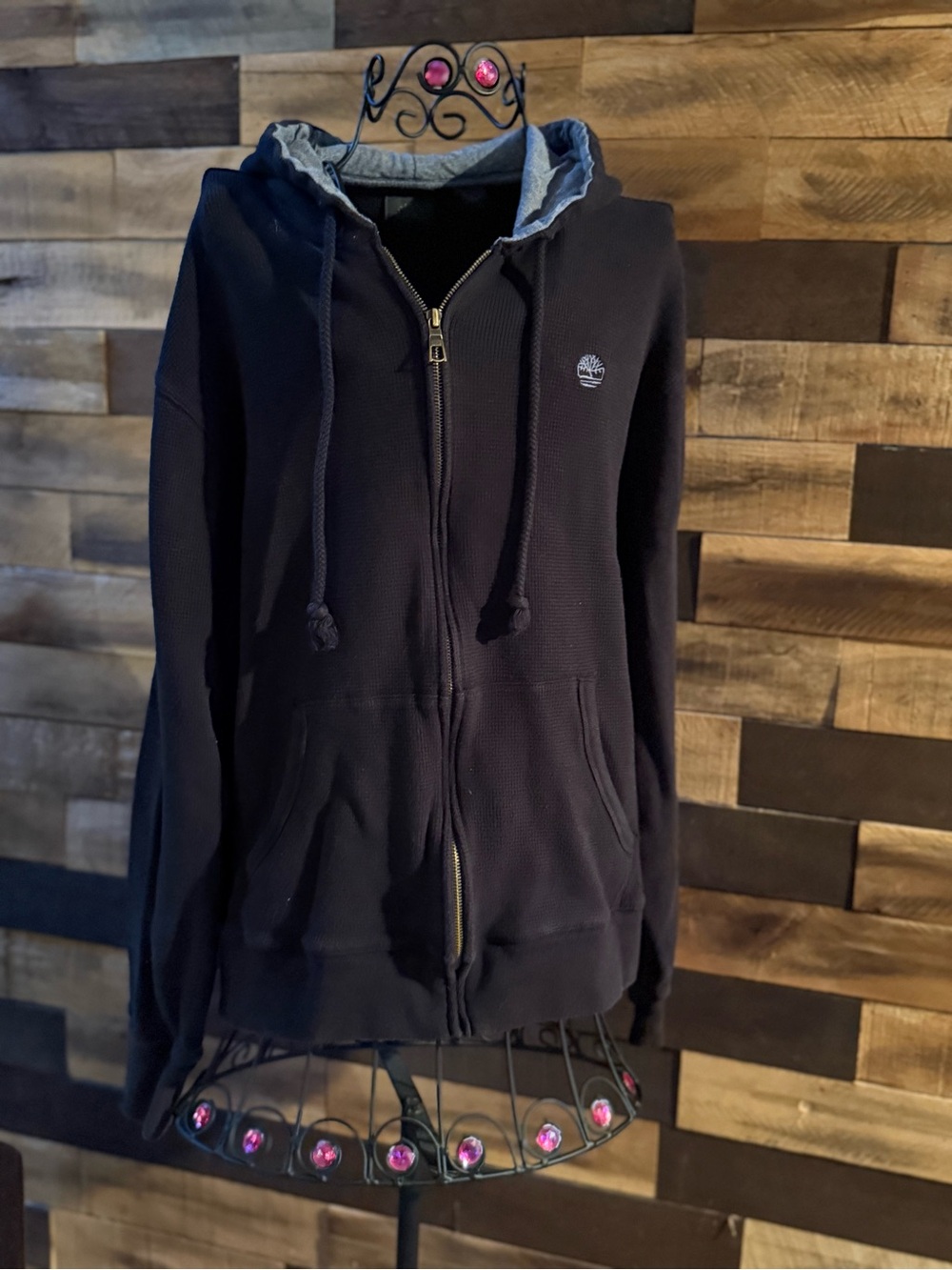 Timberland Men's Waffle-Knit Full-Zip Hoodie - Black/Grey - Size Large